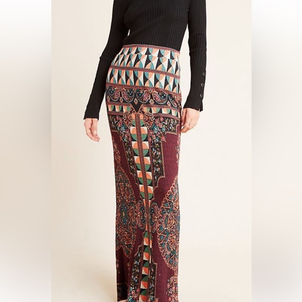 Farm Rio Anthropologie long burgundy knit maxi skirt